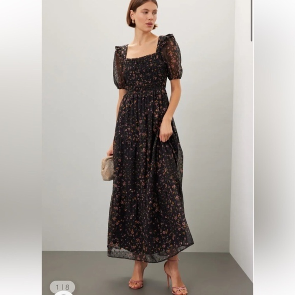 Slate & Willow Black Floral Puff Sleeve Smocked Dress Sz XS